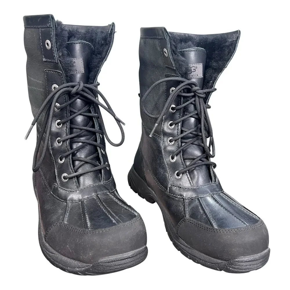 UGG Butte Waterproof Black Leather Shearling Snow Boots Size 11